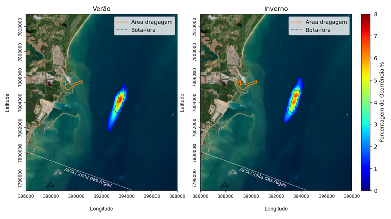 Probabilidade de ocorrência da pluma de dragagem em condições de verão e inverno na região da Barra do Riacho, Espírito Santo
